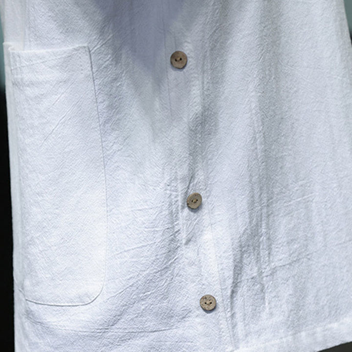 Buddha Stones Commute Plain Half Buttons Design Men's Cotton Linen Half Sleeve Shirt With Pocket - image 9