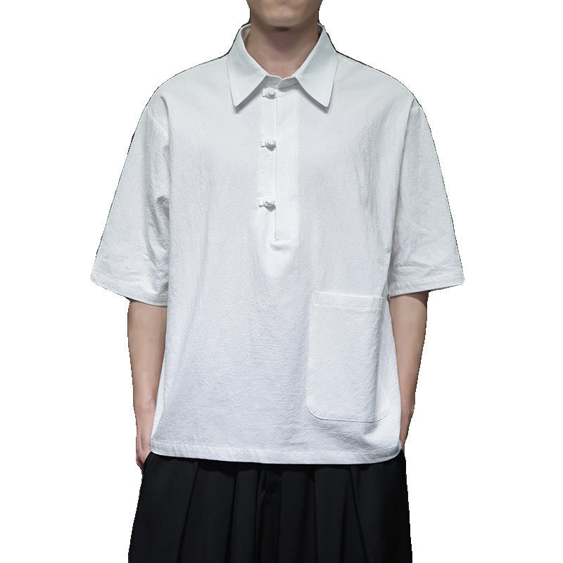 Buddha Stones Commute Plain Half Buttons Design Men's Cotton Linen Half Sleeve Shirt With Pocket - image 11