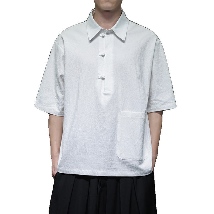 Buddha Stones Commute Plain Half Buttons Design Men's Cotton Linen Half Sleeve Shirt With Pocket - image 11