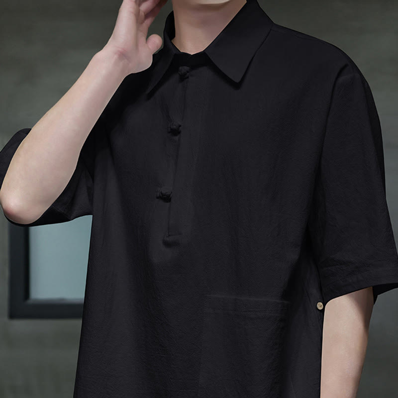 Buddha Stones Commute Plain Half Buttons Design Men's Cotton Linen Half Sleeve Shirt With Pocket - image 15