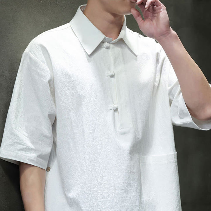 Buddha Stones Commute Plain Half Buttons Design Men's Cotton Linen Half Sleeve Shirt With Pocket - image 6