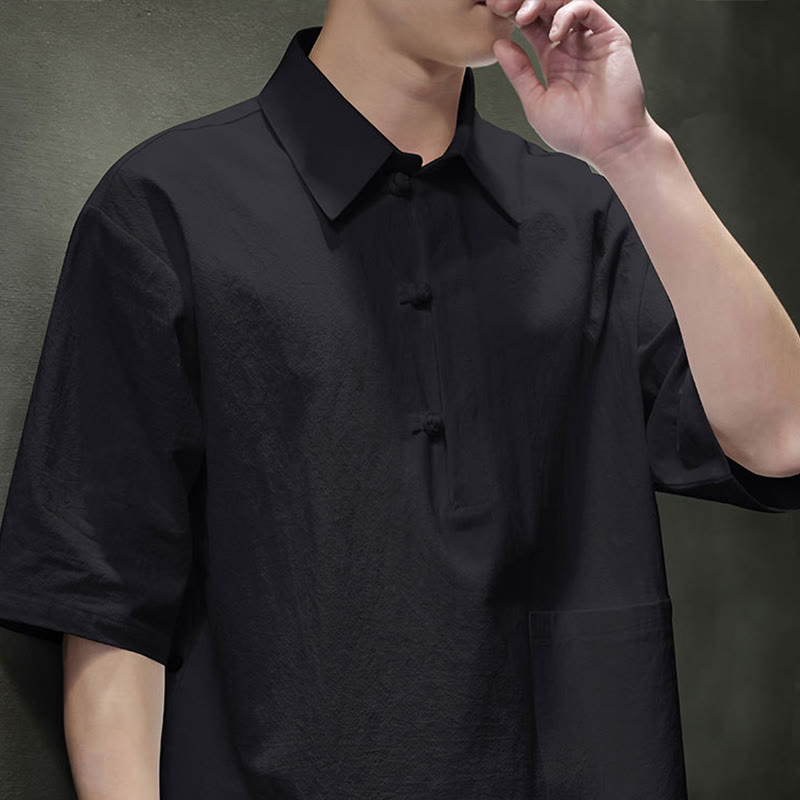 Buddha Stones Commute Plain Half Buttons Design Men's Cotton Linen Half Sleeve Shirt With Pocket - image 17