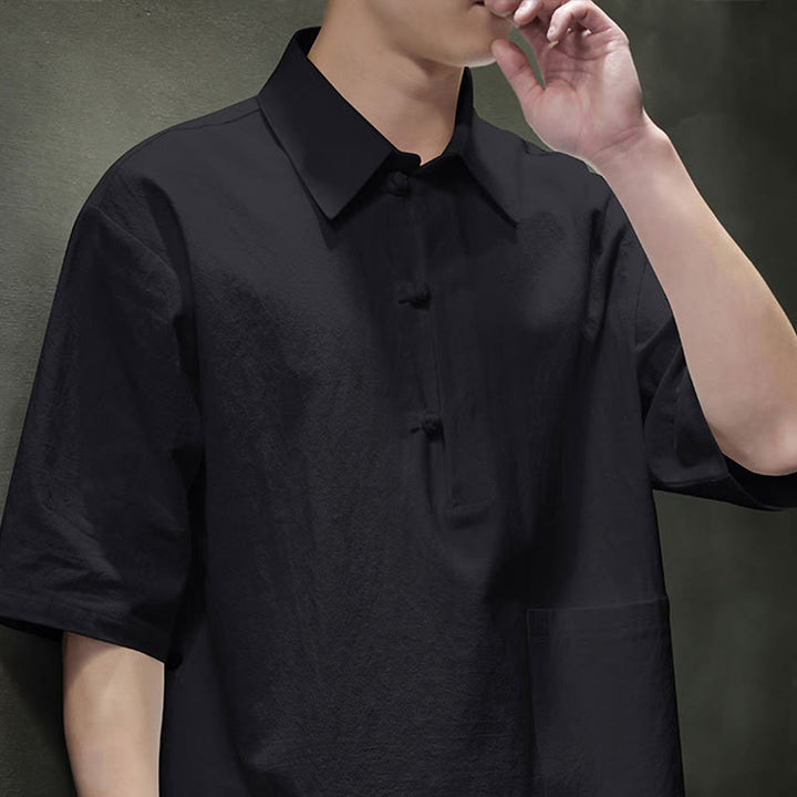 Buddha Stones Commute Plain Half Buttons Design Men's Cotton Linen Half Sleeve Shirt With Pocket - image 17