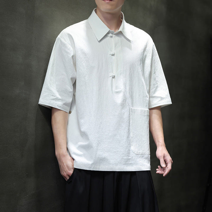 Buddha Stones Commute Plain Half Buttons Design Men's Cotton Linen Half Sleeve Shirt With Pocket - image 3