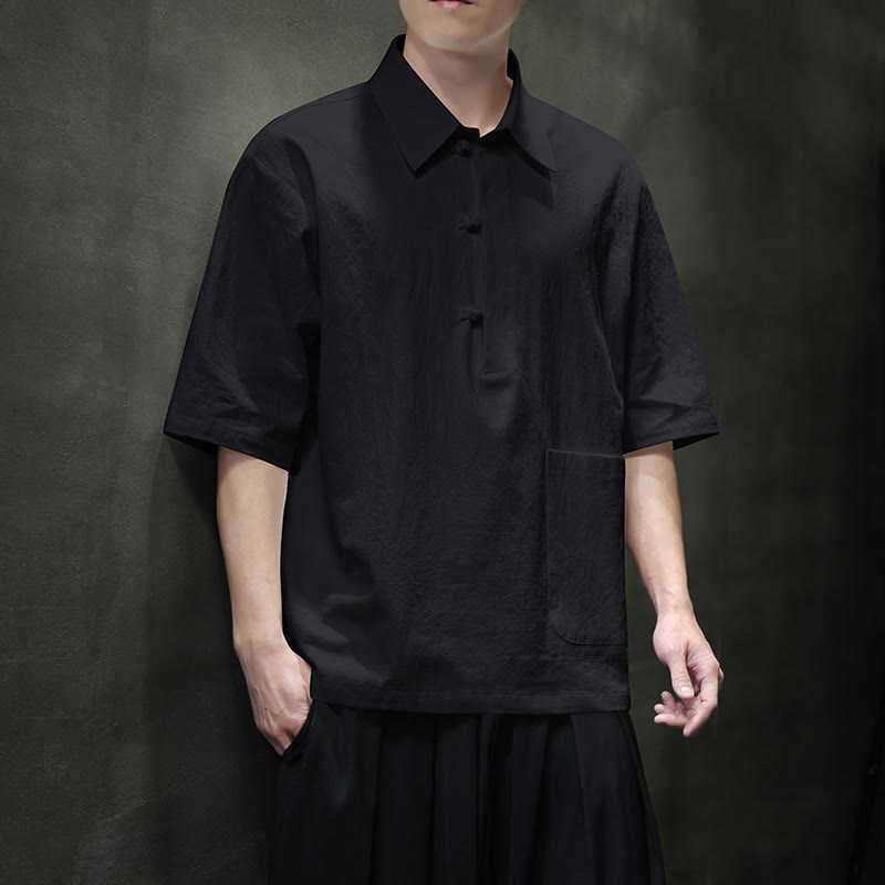 Buddha Stones Commute Plain Half Buttons Design Men's Cotton Linen Half Sleeve Shirt With Pocket - Black - US/UK/AU46，EU56 (5XL) - image 12