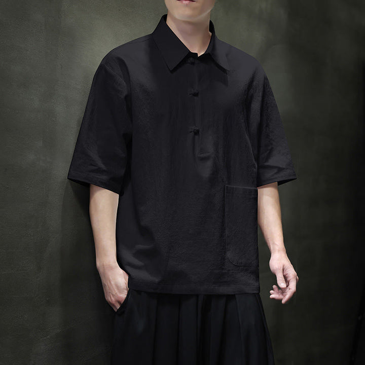 Buddha Stones Commute Plain Half Buttons Design Men's Cotton Linen Half Sleeve Shirt With Pocket - Black - US/UK/AU46，EU56 (5XL) - image 12
