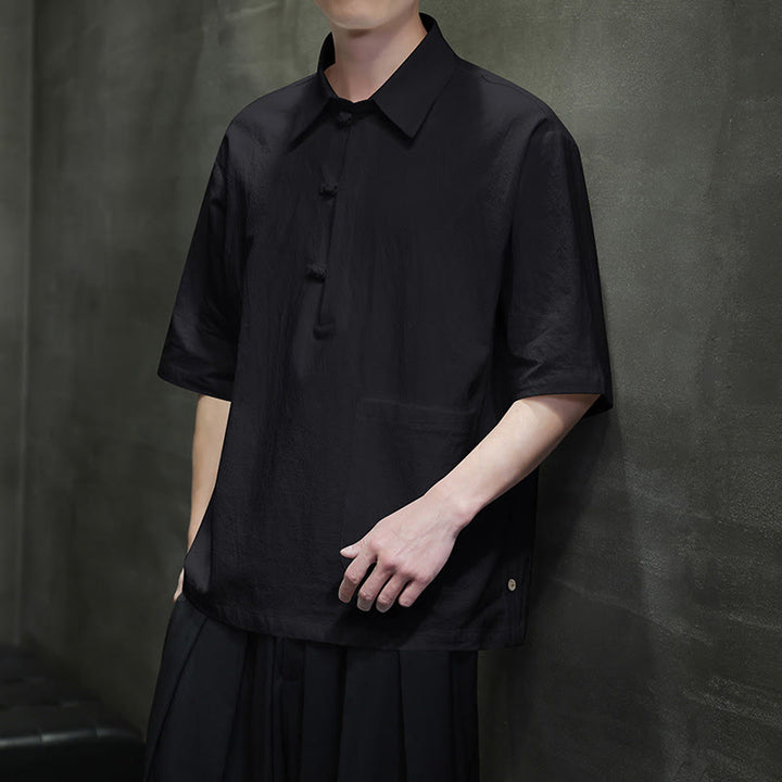 Buddha Stones Commute Plain Half Buttons Design Men's Cotton Linen Half Sleeve Shirt With Pocket - image 13