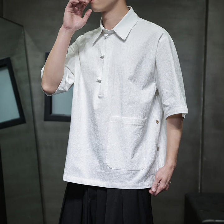Buddha Stones Commute Plain Half Buttons Design Men's Cotton Linen Half Sleeve Shirt With Pocket - image 2
