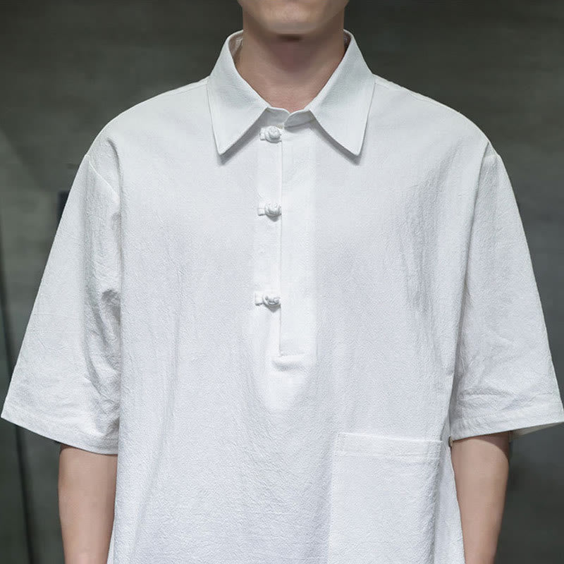 Buddha Stones Commute Plain Half Buttons Design Men's Cotton Linen Half Sleeve Shirt With Pocket - image 4