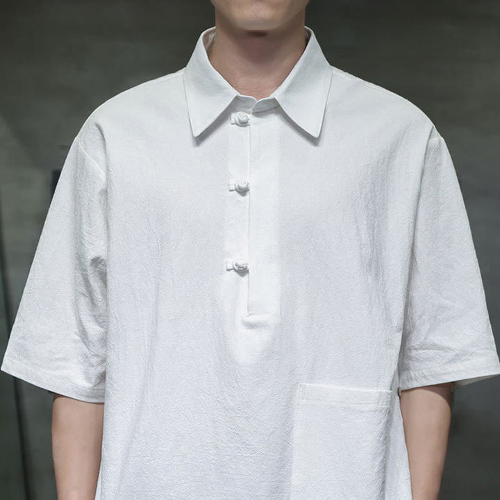 Buddha Stones Commute Plain Half Buttons Design Men's Cotton Linen Half Sleeve Shirt With Pocket - image 4