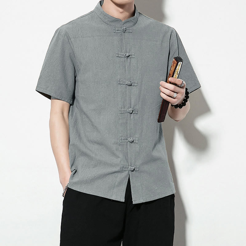 Buddha Stones Casual Solid Color Front Frog Buttons Chinese Tang Suit Short Sleeve Linen Men's Shirt - image 35