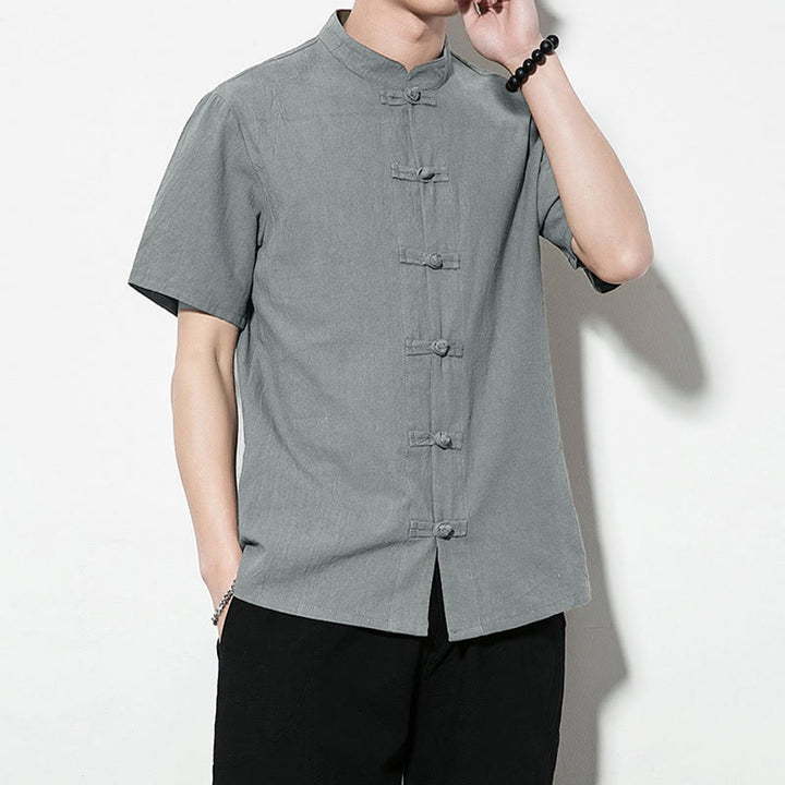 Buddha Stones Casual Solid Color Front Frog Buttons Chinese Tang Suit Short Sleeve Linen Men's Shirt - image 32