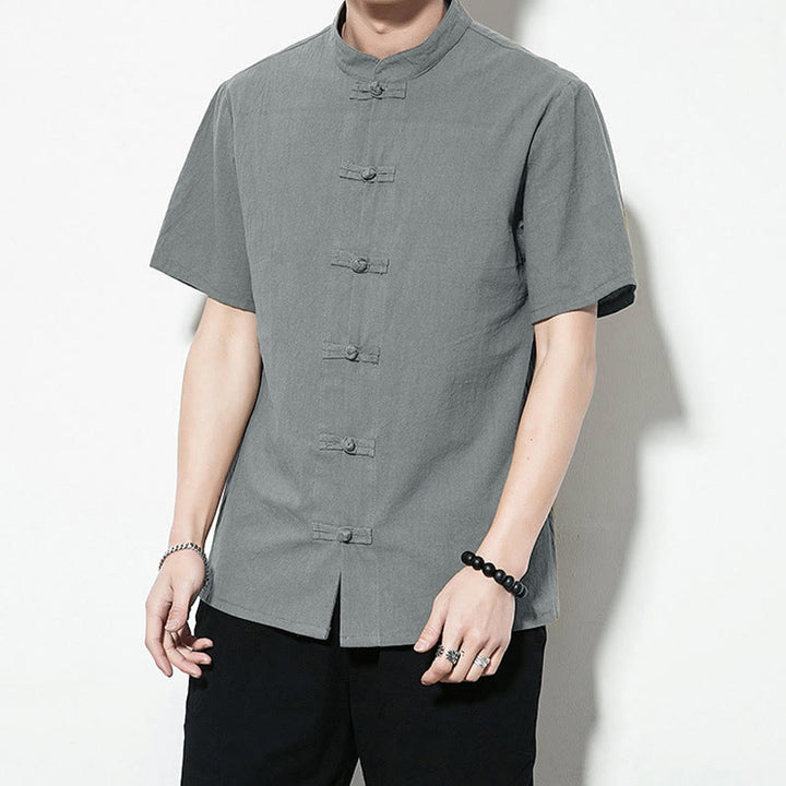 Buddha Stones Casual Solid Color Front Frog Buttons Chinese Tang Suit Short Sleeve Linen Men's Shirt - image 37