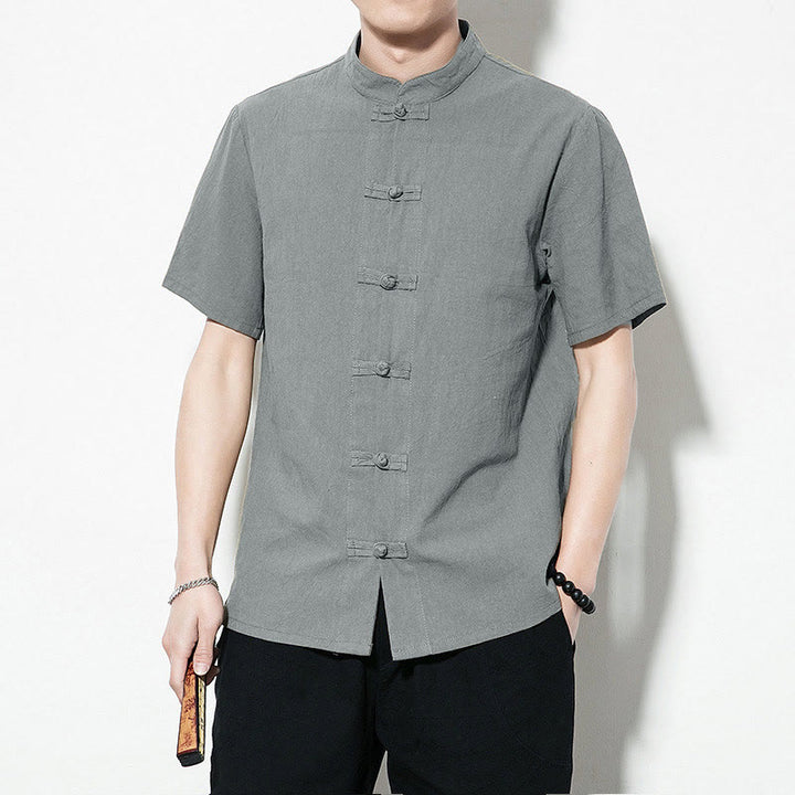 Buddha Stones Casual Solid Color Front Frog Buttons Chinese Tang Suit Short Sleeve Linen Men's Shirt - image 30