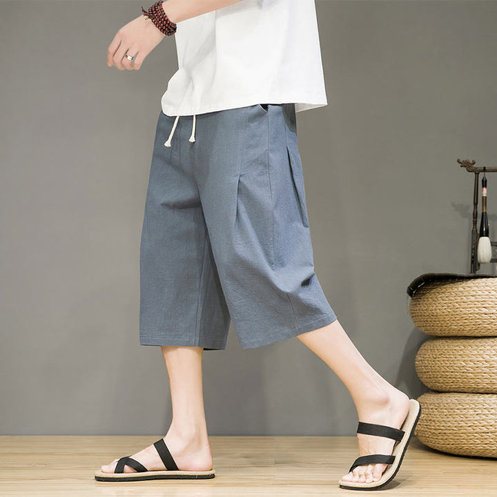 Buddha Stones Casual Summer Drawstring Solid Color Cropped Cotton Linen Men's Harem Pants With Pockets - image 7