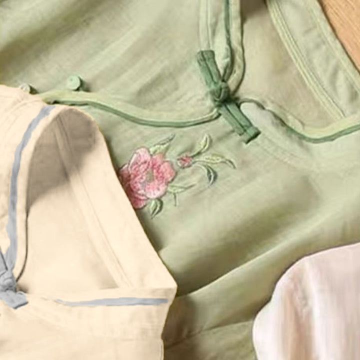 Buddha Stones Casual Vintage Embroidery Flower Pattern Chinese Frog-Button Crew Neck Design Women's Cotton Linen Shirt - image 12