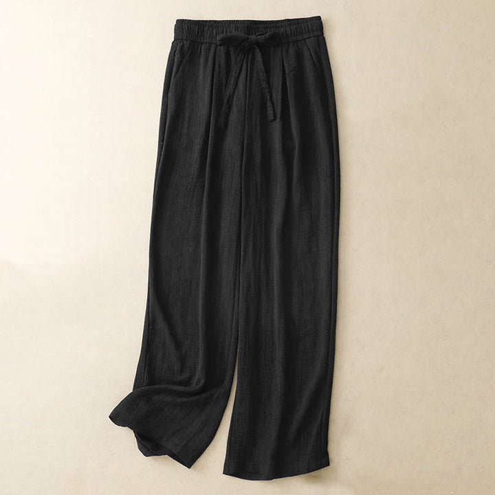 Buddha Stones Casual Summer Lace-Up Texture Design Women's Cotton Wide Leg Pants With Pockets - Black - US8-10，UK/AU12-14，EU40-42 (2XL) - image 7