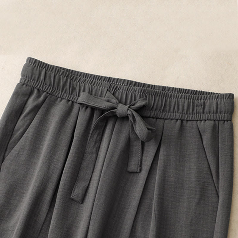 Buddha Stones Casual Summer Lace-Up Texture Design Women's Cotton Wide Leg Pants With Pockets