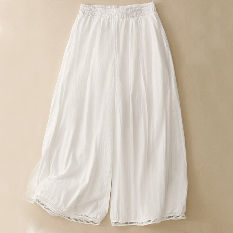 Buddha Stones Casual Hem Hollow Design Women's Cotton 7-8 Length Wide Leg Pants With Pockets - White - US8-10，UK/AU12-14，EU40-42 (2XL) - image 9