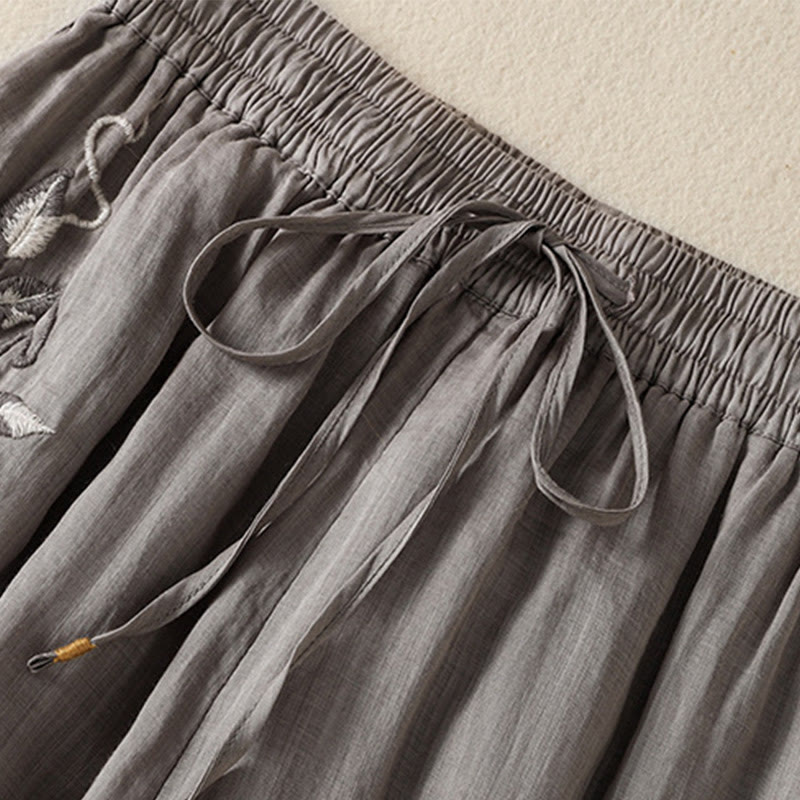 Buddha Stones Commute Embroidery Drawstring Women's Cotton Wide Leg Pants With Pockets - image 44