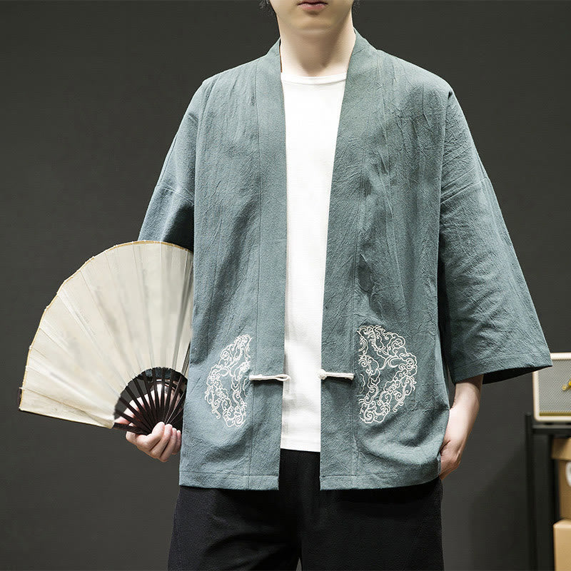 Buddha Stones Chinese Frog-Button Design Open Front Jacket Men's Cotton Linen Long Sleeve Kimono - LightSeaGreen - US/UK/AU46，EU56 (5XL) - image 5
