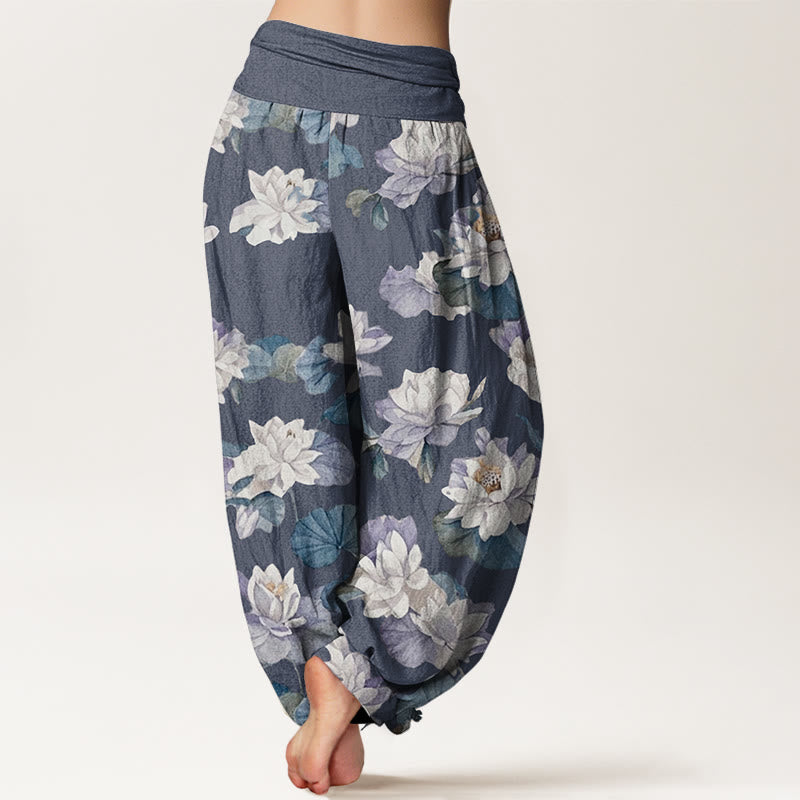 Buddha Stones Cotton Casual Elegant Lotus Print Design Women's Elastic Waist Harem Pants - image 2