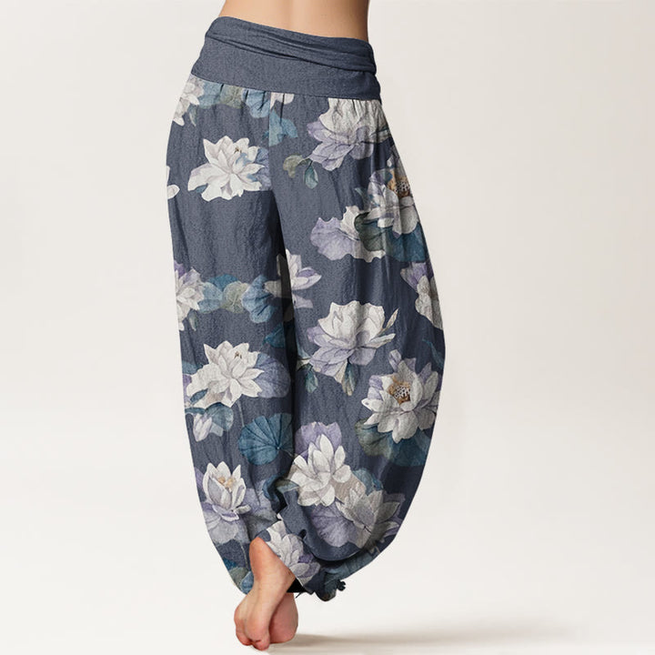 Buddha Stones Cotton Casual Elegant Lotus Print Design Women's Elastic Waist Harem Pants - image 2