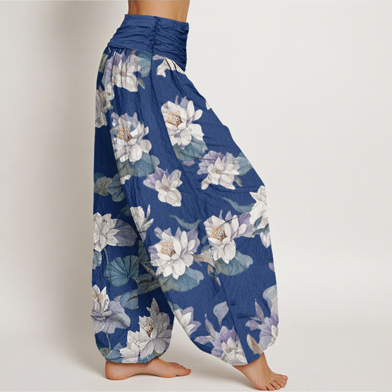 Buddha Stones Cotton Casual Elegant Lotus Print Design Women's Elastic Waist Harem Pants - image 5