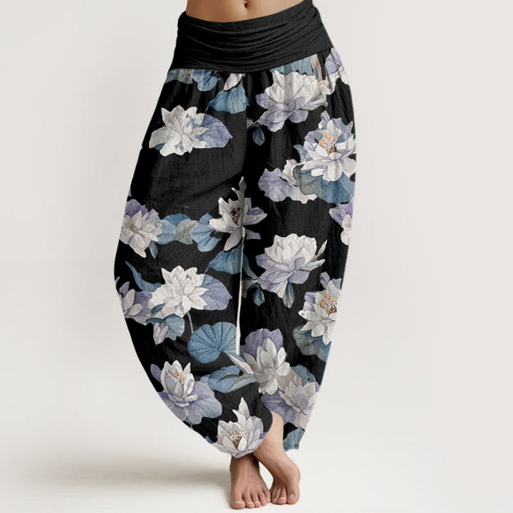 Buddha Stones Cotton Casual Elegant Lotus Print Design Women's Elastic Waist Harem Pants - Black - US22，UK/AU26，EU54 (6XL) - image 7