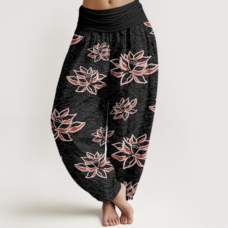 Buddha Stones Cotton Casual Lotus Line Pattern Women's Elastic Waist Harem Pants - Black - US22，UK/AU26，EU54 (6XL) - image 0