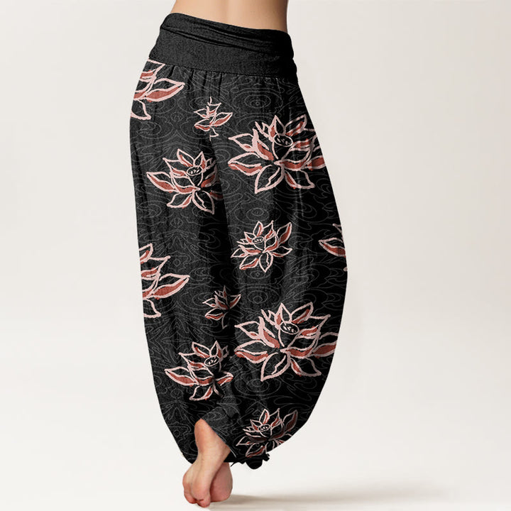 Buddha Stones Cotton Casual Lotus Line Pattern Women's Elastic Waist Harem Pants - image 2