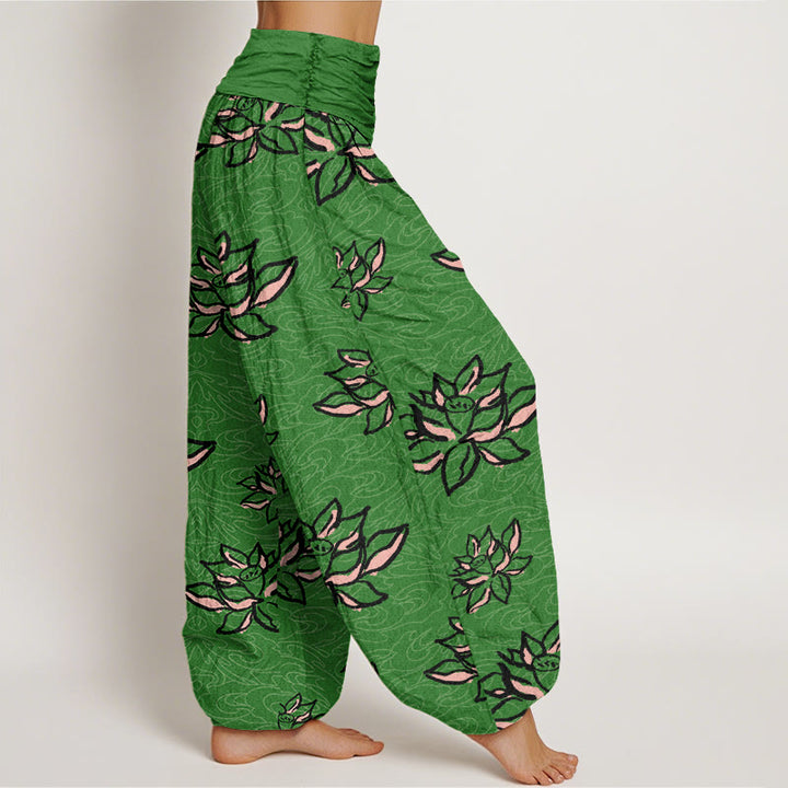 Buddha Stones Cotton Casual Lotus Line Pattern Women's Elastic Waist Harem Pants - image 5