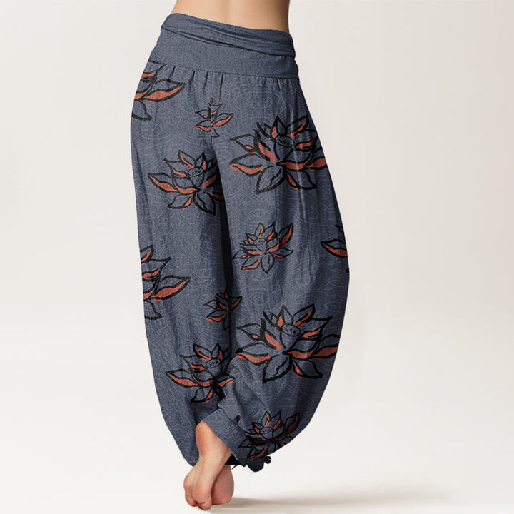 Buddha Stones Cotton Casual Lotus Line Pattern Women's Elastic Waist Harem Pants - image 9