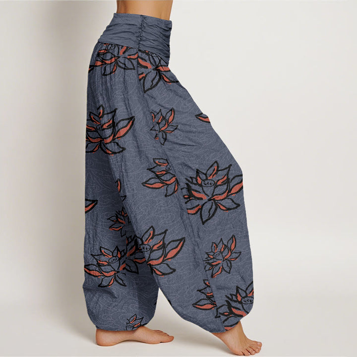Buddha Stones Cotton Casual Lotus Line Pattern Women's Elastic Waist Harem Pants - image 8