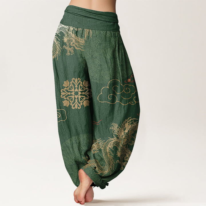 Buddha Stones Cotton Casual Golden Dragon And Auspicious Cloud Pattern Women's Elastic Waist Harem Pants - image 2