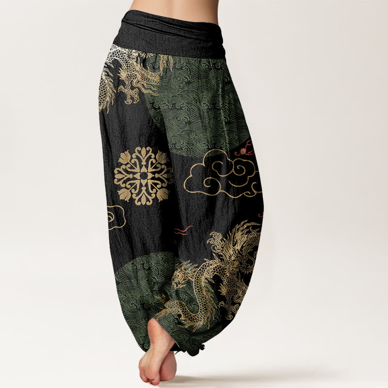 Buddha Stones Cotton Casual Golden Dragon And Auspicious Cloud Pattern Women's Elastic Waist Harem Pants - image 6