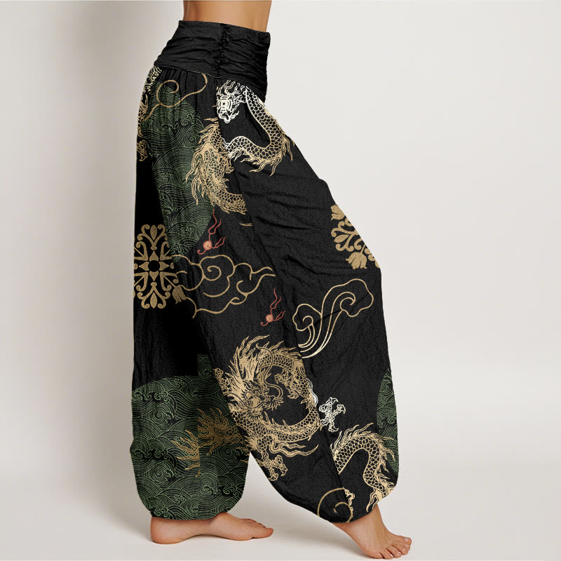 Buddha Stones Cotton Casual Golden Dragon And Auspicious Cloud Pattern Women's Elastic Waist Harem Pants - image 5