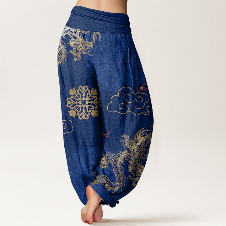Buddha Stones Cotton Casual Golden Dragon And Auspicious Cloud Pattern Women's Elastic Waist Harem Pants - image 9