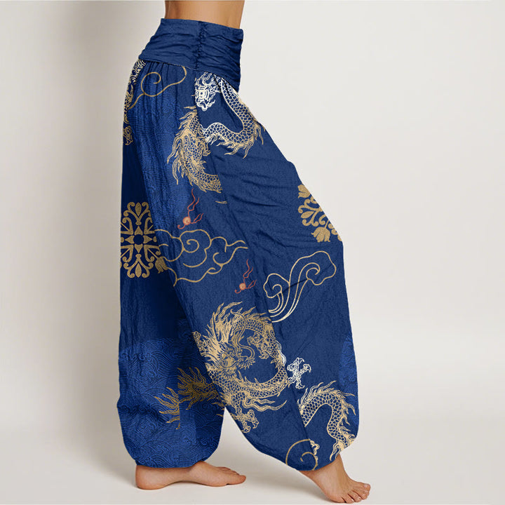 Buddha Stones Cotton Casual Golden Dragon And Auspicious Cloud Pattern Women's Elastic Waist Harem Pants - image 8