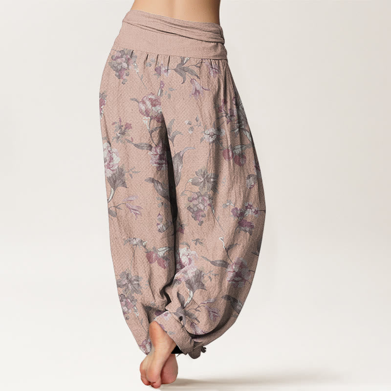 Buddha Stones Pure Cotton Casual Pink Flowers Pattern Women's Elastic Waist Harem Pants - image 7