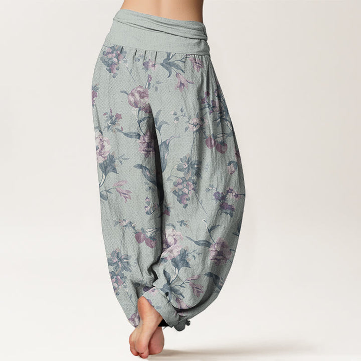 Buddha Stones Pure Cotton Casual Pink Flowers Pattern Women's Elastic Waist Harem Pants - image 10