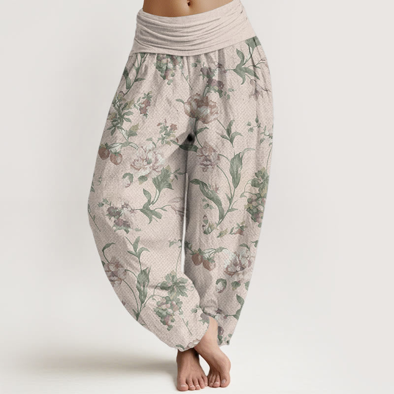 Buddha Stones Pure Cotton Casual Pink Flowers Pattern Women's Elastic Waist Harem Pants - PapayaWhip - US22，UK/AU26，EU54 (6XL) - image 0