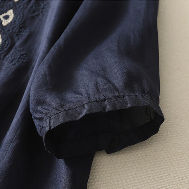 Buddha Stones Symmetrical Embroidery Cotton Linen Women's Half Sleeves Shirt - image 3