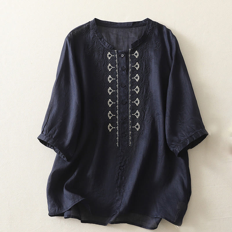 Buddha Stones Symmetrical Embroidery Cotton Linen Women's Half Sleeves Shirt - MidnightBlue - US8-10，UK/AU12-14，EU40-42 (2XL) - image 0