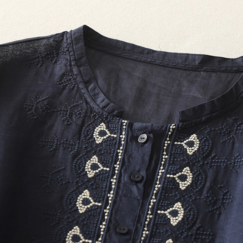 Buddha Stones Symmetrical Embroidery Cotton Linen Women's Half Sleeves Shirt - image 2