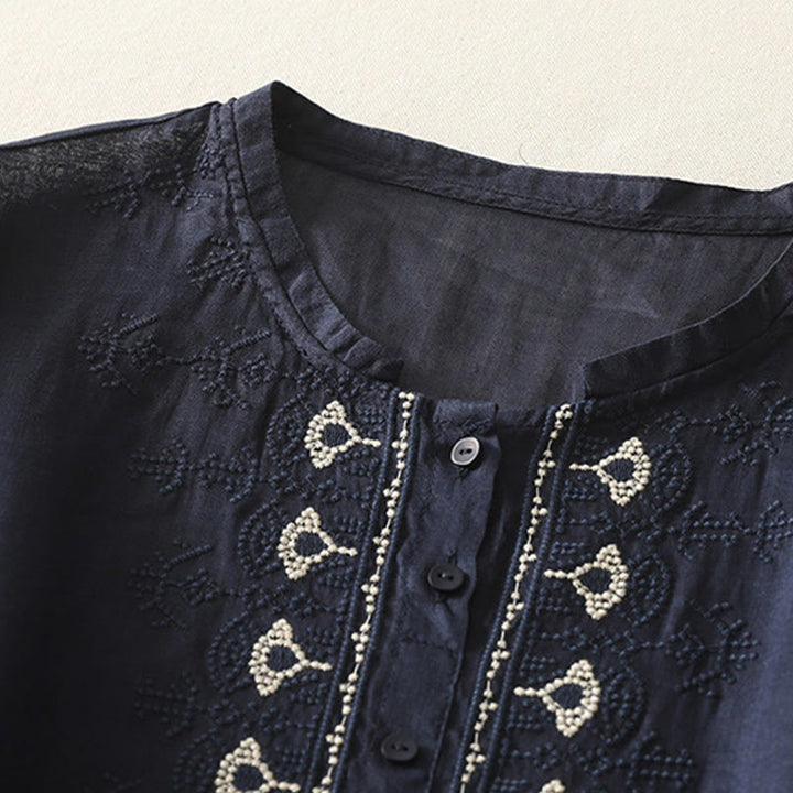 Buddha Stones Symmetrical Embroidery Cotton Linen Women's Half Sleeves Shirt - image 2