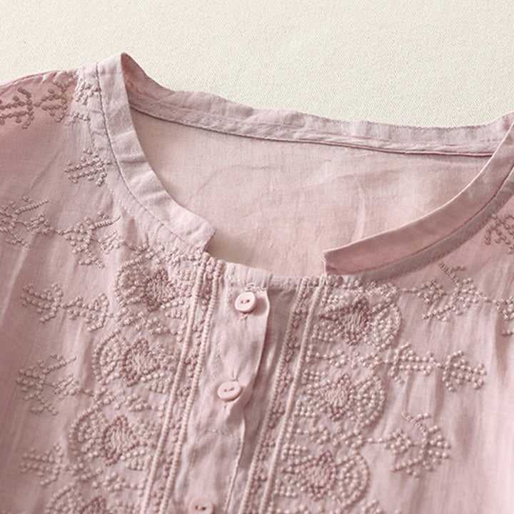 Buddha Stones Symmetrical Embroidery Cotton Linen Women's Half Sleeves Shirt - image 11