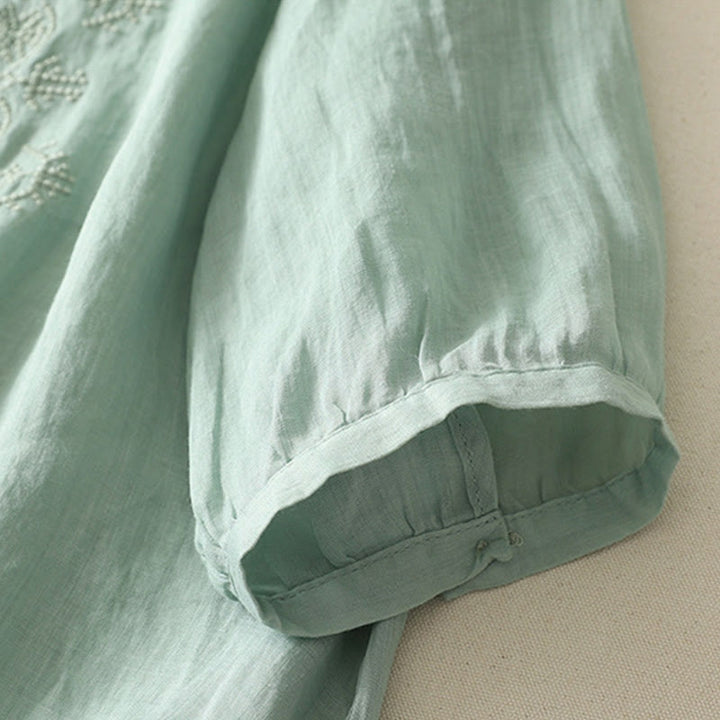 Buddha Stones Symmetrical Embroidery Cotton Linen Women's Half Sleeves Shirt - image 15