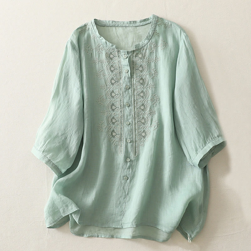 Buddha Stones Symmetrical Embroidery Cotton Linen Women's Half Sleeves Shirt - MediumAquamarine - US8-10，UK/AU12-14，EU40-42 (2XL) - image 12