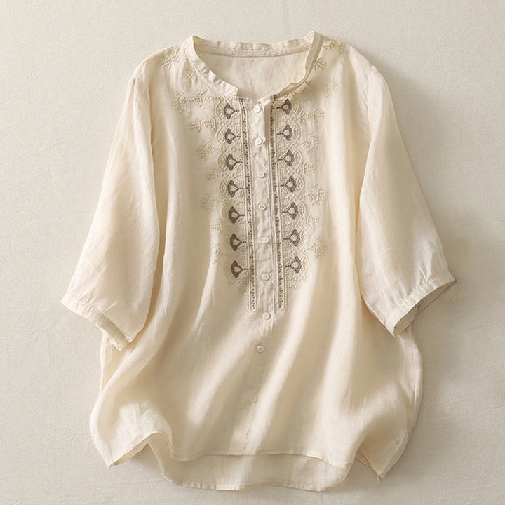 Buddha Stones Symmetrical Embroidery Cotton Linen Women's Half Sleeves Shirt - LightGoldenrodYellow - US8-10，UK/AU12-14，EU40-42 (2XL) - image 17